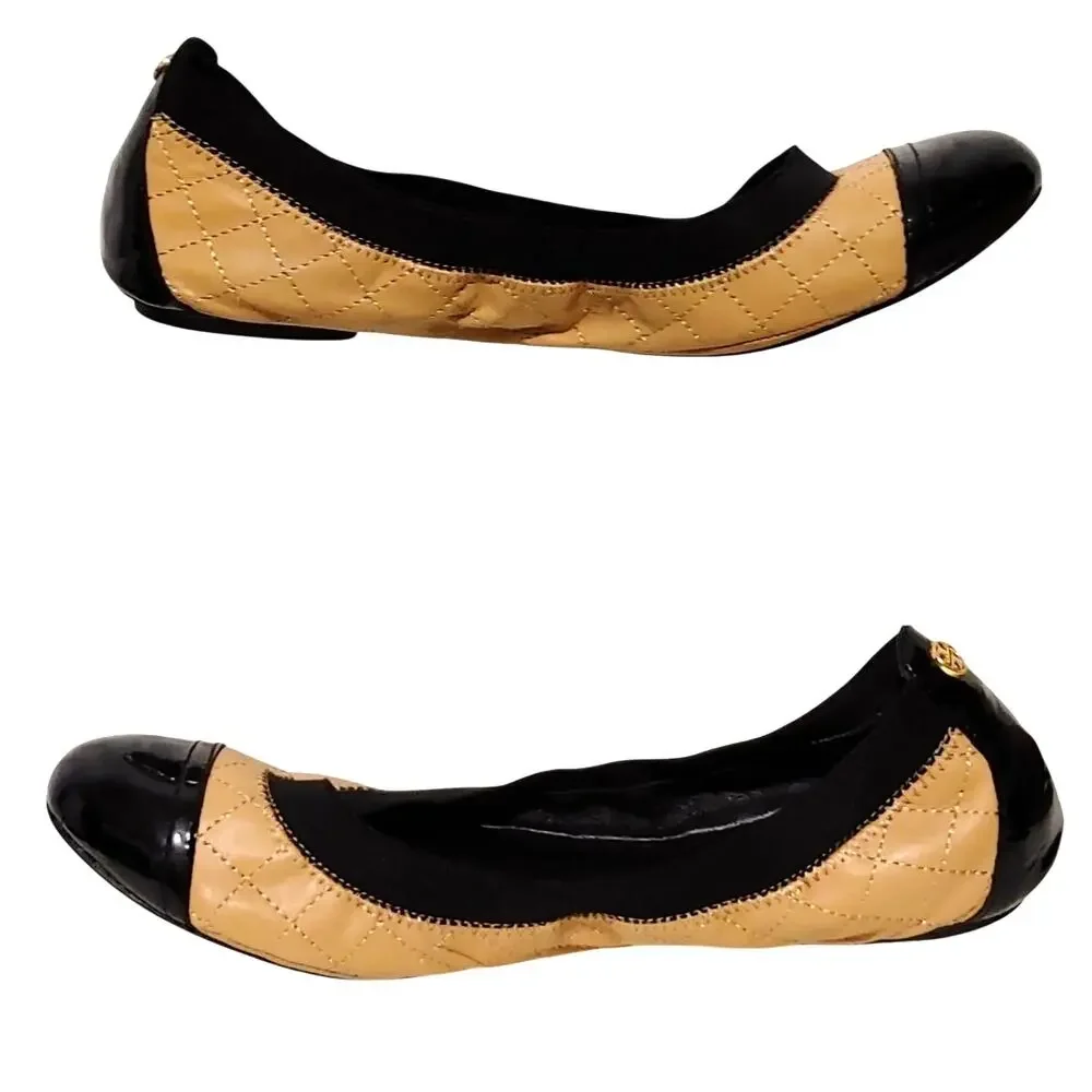 Tory Burch Bridgette Beige Patent Leather Quilted Scrunch Ballet Flat Shoes 9M